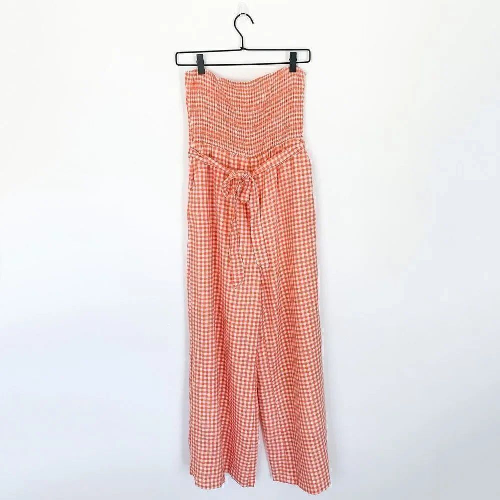 MINKPINK orange gingham picnic smocked strapless wide leg jumpsuit